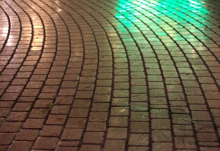 Cobblestone street in the night glittering in greenの写真素材