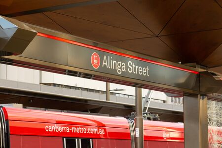 Signage for Canberra Metro's Alinga Street tram stop, in Canberra Civic.