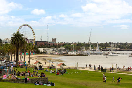 Geelong, Australia â€“ November 11th 2018: Visitors on the grass at Geelong Beach. families and...