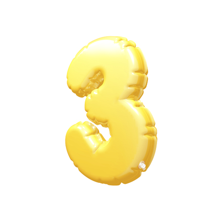 number 3 inflatable balloon 3D rendering Yellowの写真素材