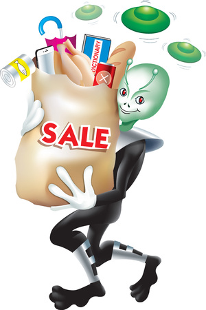 Even an Alien is in a hurry to shop. i have drawn this unique concept of mine for a Big discounts, Buy 1 free 1, SALE and all stores and other promotional eventsのイラスト素材