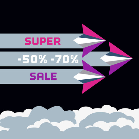 Paper planes. Super sale advertisement. Origami flying paper airplanes. Special offer for big sales season. Marketing campaign. Vector illustrationのイラスト素材