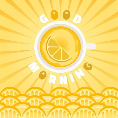 Tea time. Good morning Concept. Green tea with lemon. Morning sunrise. Sea waves from lemons. Cup of green tea. Natural citrus fruit. Sliced lemon. Dieting product. Vector illustrationのイラスト素材