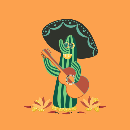 Mexican style. Fancy Cactus Mariachi. Fiesta background concept. Mexican food, Chili pepper, lime, guitar, sombrero. Holiday Cinco de Mayo. Party banner background. Vector Illustrationのイラスト素材