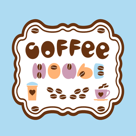 Coffee time break concept. Coffee house or shop logo. Cup with espresso or cappuccino. Cafe, restaurant or bar decoration concept. Vector illustrationのイラスト素材