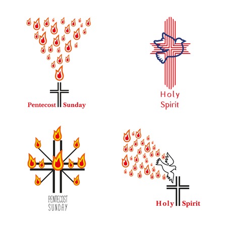 Set of church logo. Holy spirit Jesus God. Church sacrament symbol. Pentecostal greeting. Biblical tongues of fire, cross, holy spirit dove. Religious logo. Vector illustration.のイラスト素材