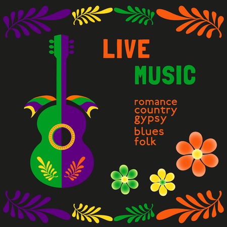 Live Music Poster. Guitar silhouette. Typography poster Template. DesignI dea for Live Music Festival, music show. Musical Festivals promotion,  advertisement. Vector illustration.のイラスト素材