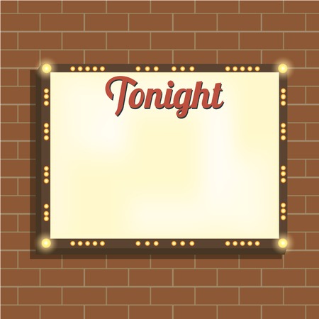 Marquee billboard, advertising border, bulbs. Blank illuminated panel for text. Illuminating marquee billboard to advertise show. Marquee banner, border for cafe, show, cinema. Vector Illustrationのイラスト素材