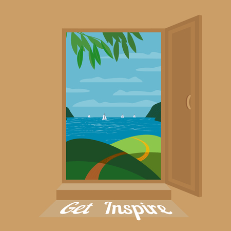 Open door. Seaside panoramic view through open door.Day seashore view Concept. Text Get inspire. Sea beach. Vector Illustrationのイラスト素材