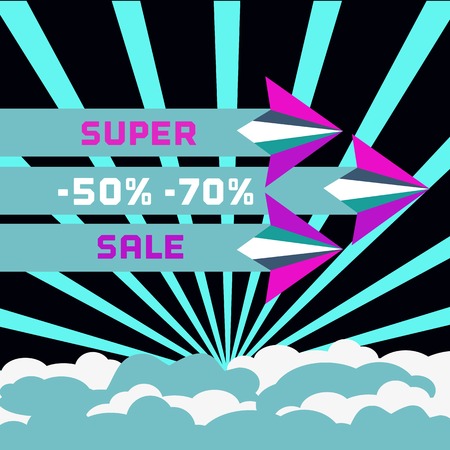 Paper plane. Super sale Concept. Paper airplane fly. Sale poster, discount banner. Travel super sale Special offer, sale season. Discounts, bonus. Sale, Bonus Marketing campaign. Vector illustrationのイラスト素材