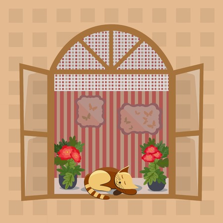 Open window. Home interior view through window. Cityscape Concept. Window frame. Inside view through open window. House wall. Sleeping cat. Vector Illustrationのイラスト素材