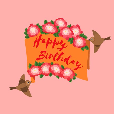Happy Birthday Card. Poster on party celebration. Ribbon with text. Flowers birds. Birthday party greeting card. Holiday banner background. Celebration, ball festive decoration. Vector illustration.のイラスト素材