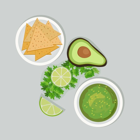 Mexican style. Mexican cuisine Concept. Traditional menu. Lime, cilantro. Avocado and guacamole sauce, nachos. Vegetables, herbs of Mexico kitchen. National food. Vector Illustrationのイラスト素材