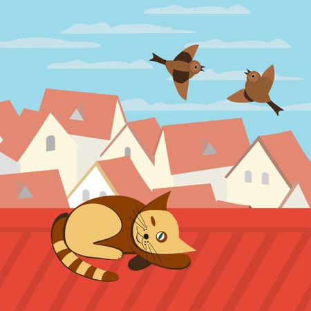 City rooftop. Cat on rooftop. Birds flying in blue sky. Couple of Sparrows. Cityscape Concept. Town panoramic view. Building rooftops. Vector Illustrationのイラスト素材
