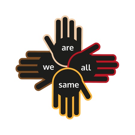 Hands of different color holding into each other showing support. Different nations unity. Vector illustration.のイラスト素材