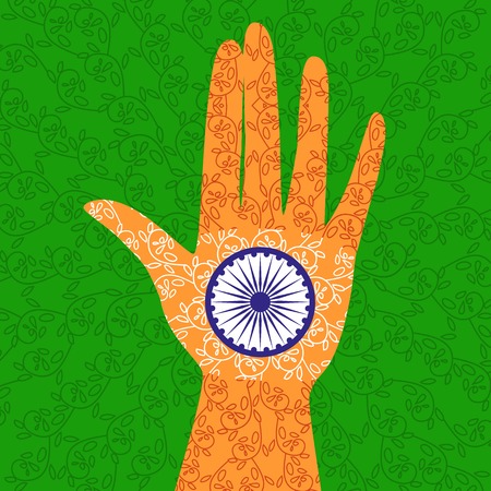 India republic independence. National holiday. Independence day celebration concept. Colors of Indian tricolor flag. Blue Ashoka Chakra. Unique symbols. Patriotic event background. Vector illustrationのイラスト素材