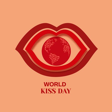Red kissing lips. World kiss day symbol. Love concept. Mouth close up. Human body parts. Concept design for card, banner, poster, logo. Vector illustrationのイラスト素材