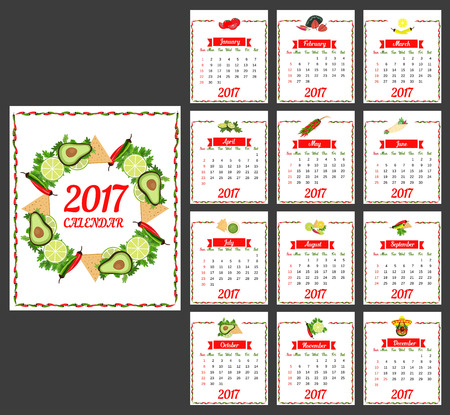 2017 Calendar. Template of calendar with hot chili pepper border in colors of Mexican flag and set of vegetables. Design idea for advertising. Week starts Sunday. Easy to edit. Vector illustrationのイラスト素材
