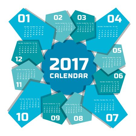 2017 Calendar. Template of calendar in simple geometric style. Material design as background. Every month on blue arrow. Year on central circle. Week starts Sunday. Easy to edit. Vector illustrationのイラスト素材