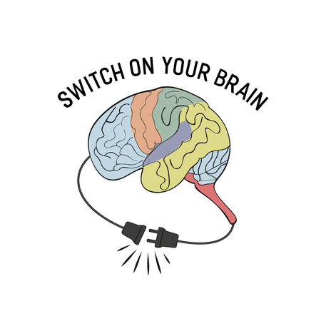Inspirational Motivated Quote Switch on your brain. Typography Poster Concept with motivational words. Stylized Human brain. Unplugged electric cord and outlet. Vector Illustrationのイラスト素材