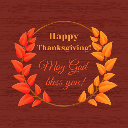 Happy thanksgiving day greeting card. Template of poster with autumnal frame. Colorful leaves background border. Design idea for decorative festival banner elements. Vector illustrationのイラスト素材