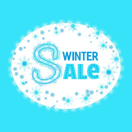 Winter Sale Label. Christmas seasonal shopping concept. New year snowflake symbol in blue white color. Template for winter hot deal tag sticker background, special offer banner. Vector illustrationのイラスト素材