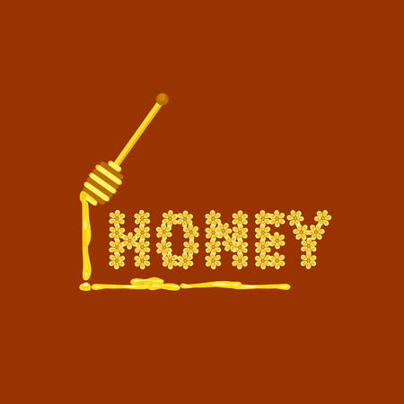 Honey falling from wooden dipper isolated on amber background. Cartoon flowers sweet nectar symbol. Design idea food sign emblem. Golden healthy liquid drops dipping from stick. Vector illustrationのイラスト素材