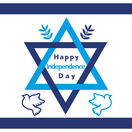 Israel Independence Day. Holiday banner concept. Jewish celebration background. Symbols of Israel flag, olive, dove, Dvid star in Blue and White. Happy Jewish greeting background. Vector illustrationのイラスト素材