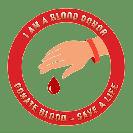 Donate blood design. Donate blood save life.  Donation medical poster. World Donor Day banner. Human hand, red drop, red ribbon. Donor emblem. Save life concept. Vector illustrationのイラスト素材