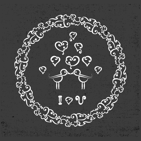 Kissing birds and hearts. Poster on party celebration. Love Concept. Idea for kiss day, birthday card, greeting holiday banner, decoration background. Doodle vintage frame. Vector illustrationのイラスト素材