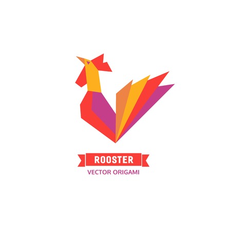 Cartoon bird. Abstract rooster sign. Freehand drawn stylized origami emblem.のイラスト素材