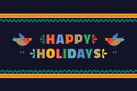 Happy Holidays cute fancy colorful letters. Season greeting postcard headline text. Typographic playful poster concept. Design of festive party words decoration banner design. Vector illustration.のイラスト素材
