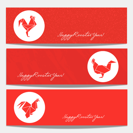 Horizontal banners set. Happy Chinese lunar new year 2017. Oriental holiday. Vector Red rooster sign. Asian traditional prosperity symbol decorative element. Festive chicken emblem card backgroundのイラスト素材