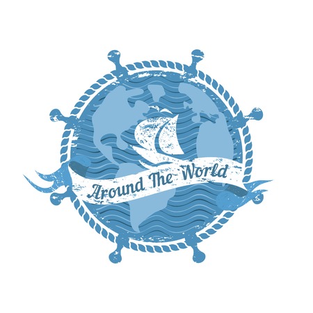 Travel nautical icon. Ocean trip journey around the world. Vintage retro poster concept. Steering helm compass stamp. Design idea cruise ship tour emblem. Vector advertisement label backgroundのイラスト素材