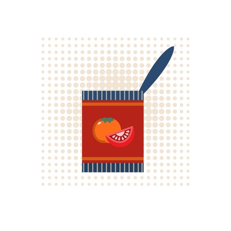 Canned food concept. Freehand drawn cartoon retro style. Tomato soup in can emblem. Tinned vegetables packaging icon. Tin with tomatoes logo template. Vector advertisement label backgroundのイラスト素材