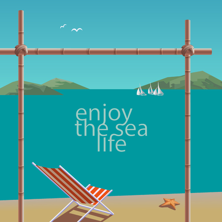 Nautical poster concept. Blue sea scenic view. Marine yacht sailing on blue water. Hand drawn cartoon retro style. Maritime vector Illustration of recreation on seashore. Seaside banner backgroundのイラスト素材