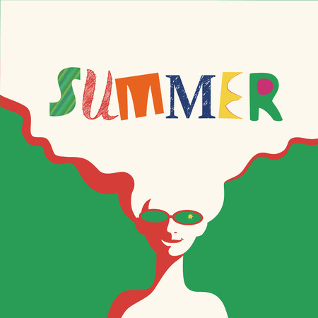 Summer time concept. Hand drawn fancy letters headline. Retro poster in pop art style. Beach season fun rest. Blondy girl. Beautiful young woman in sunglasses. Vector summer holiday vintage backgroundのイラスト素材