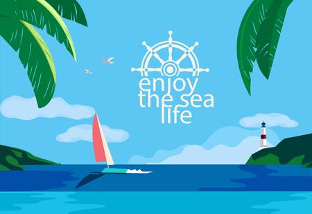 Nautical poster concept. Blue sea scenic view. Marine yacht sailing on blue water. Hand drawn cartoon retro style. Maritime vector Illustration of recreation on seashore. Seaside banner backgroundの写真素材