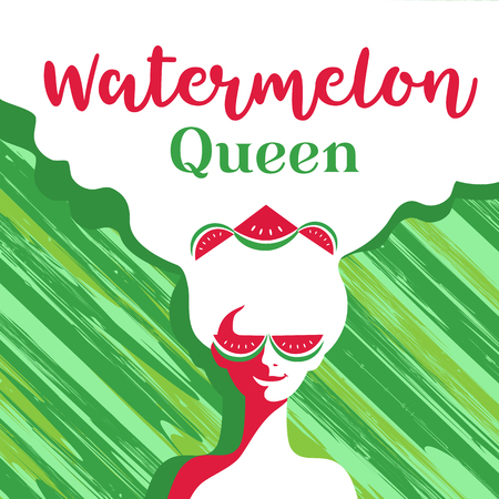 Watermelon poster concept. Hand drawn cartoon retro style. Pop art. Fancy letters watermelon queen. Beautiful young woman with sunglasses. Summer holiday. Green stripes background vector illustrationのイラスト素材