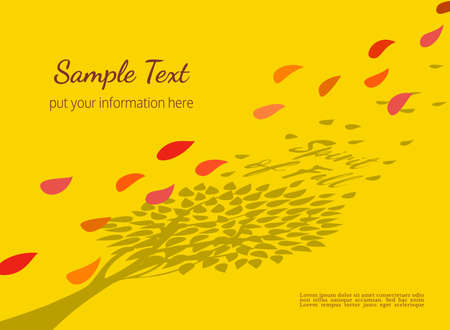 Template Design poster of tree in Autumn. Hand drawn cartoon retro style. Autumnal abstract leaf silhouette. Red yellow leaves. Idea for decorative seasonal event banner. Vector vintage illustrationのイラスト素材