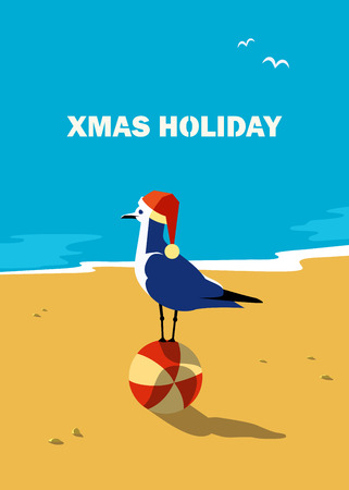 Winter holiday vacation flyer. Retro poster in pop art style. Christmas season fun and rest. Seagull in Santa hat on blue calm sea coast. Vector new year tourist trips relax advertisement backgroundのイラスト素材