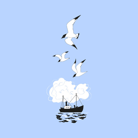 Commercial fishing trawler icon. Ship silhouette on the sea waves. Side view. Fishermen boat on the ocean. Industrial vessel. Seagulls flying. Flat simplicity minimalism design. Vector illustration.のイラスト素材
