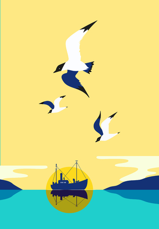 Ship silhouette in ocean.のイラスト素材