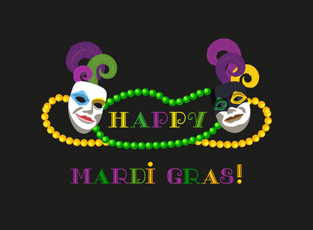Mardi Gras celebration label. Freehand cartoon fancy mask feather beads.のイラスト素材