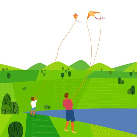 Green valley landscape. Colorful cartoon nature scene. Summer season family weekend. Vacation leisure activity. Adult, boy kiting on river. Father son with kites on lake. Vector countryside background.のイラスト素材