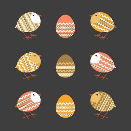 Easter day chicken egg icon set. Cute colorful flat holiday symbols. Festive decorative vintage, retro color. Traditional pattern ornate decorated chickens hens in shape of eggs. Vector illustration.のイラスト素材