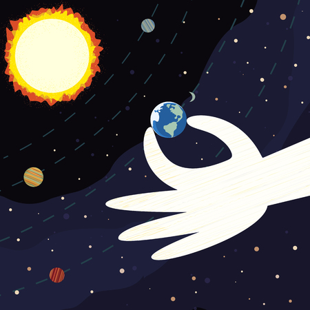 Earth Day poster with hand holding the planet earth.のイラスト素材