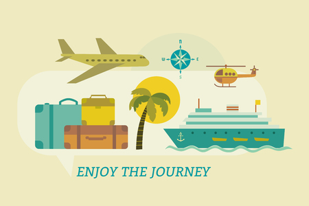 Time to travel icons. Flat tourism trip symbol collection. Ocean liner cruise tour. Seaside leisure resort. Airplane helicopter flight advertisement banner background. Vector retro color illustrationのイラスト素材