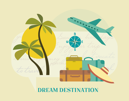 Time to travel icon set. Flat tourism trip symbol collection. Seashore relax recreation. Seaside leisure resort. Airplane flight to seashore advertisement banner background. Vector retro illustrationのイラスト素材