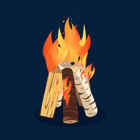Bonfire night icon. Colorful cartoon flame on firewood. Burning campfire. Midsummer fire festival flaming sign template. Fireplace in summer camp party banner, flyer background. Vector illustrationのイラスト素材